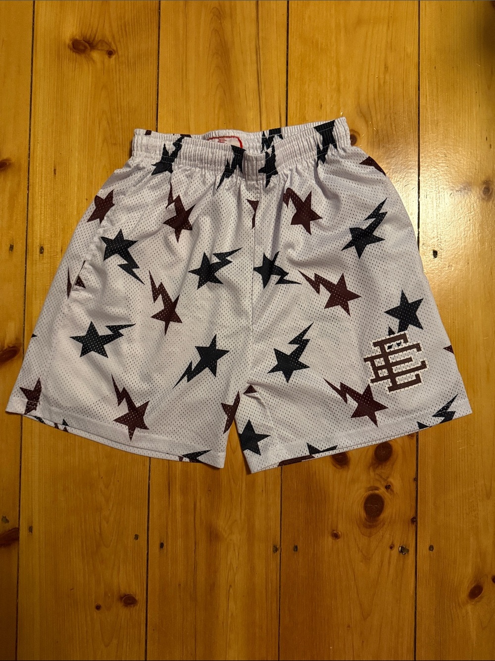 Eric Emanuel White Mesh Shorts with Navy & Maroon Star & Lightning Print